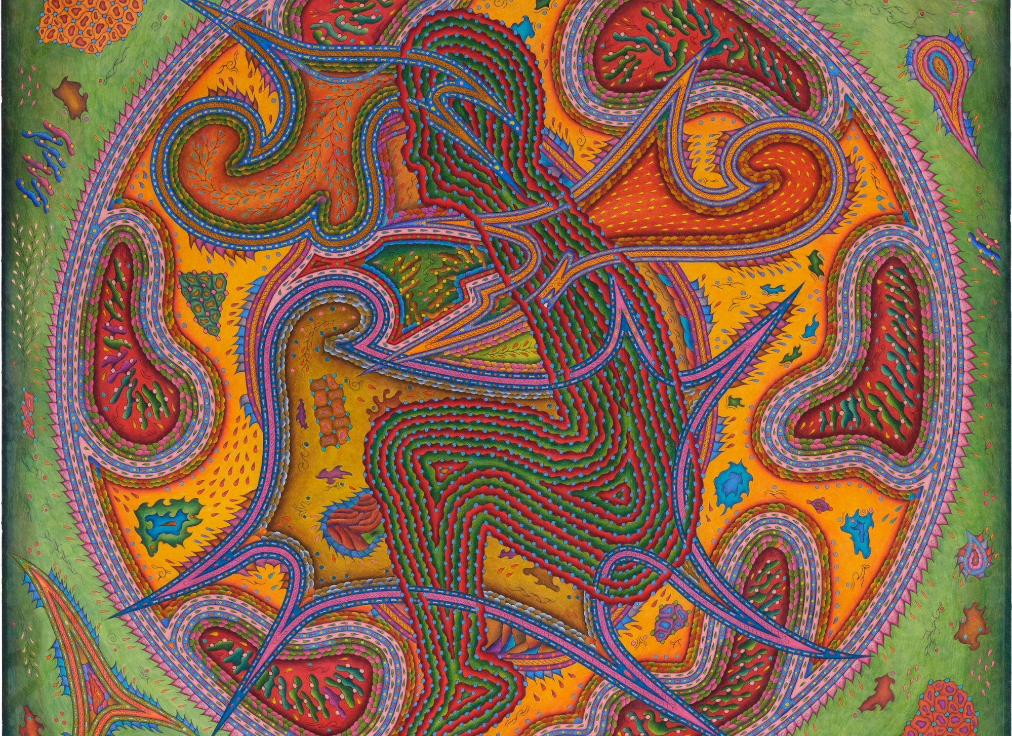 Parvati Dreaming Titel "Parvati Dreaming" Abstrakte Kunst mit spiralförmigen Mustern und einer sitzenden Figur in lebhaften Farben.