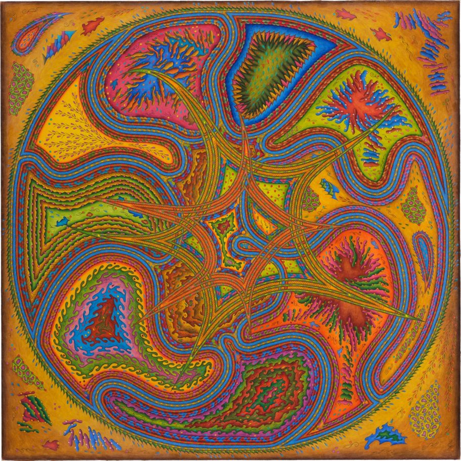 Replacement beyond the now Bunte, abstrakte kreisförmige Komposition mit geschwungenen Linien und organischen Formen.