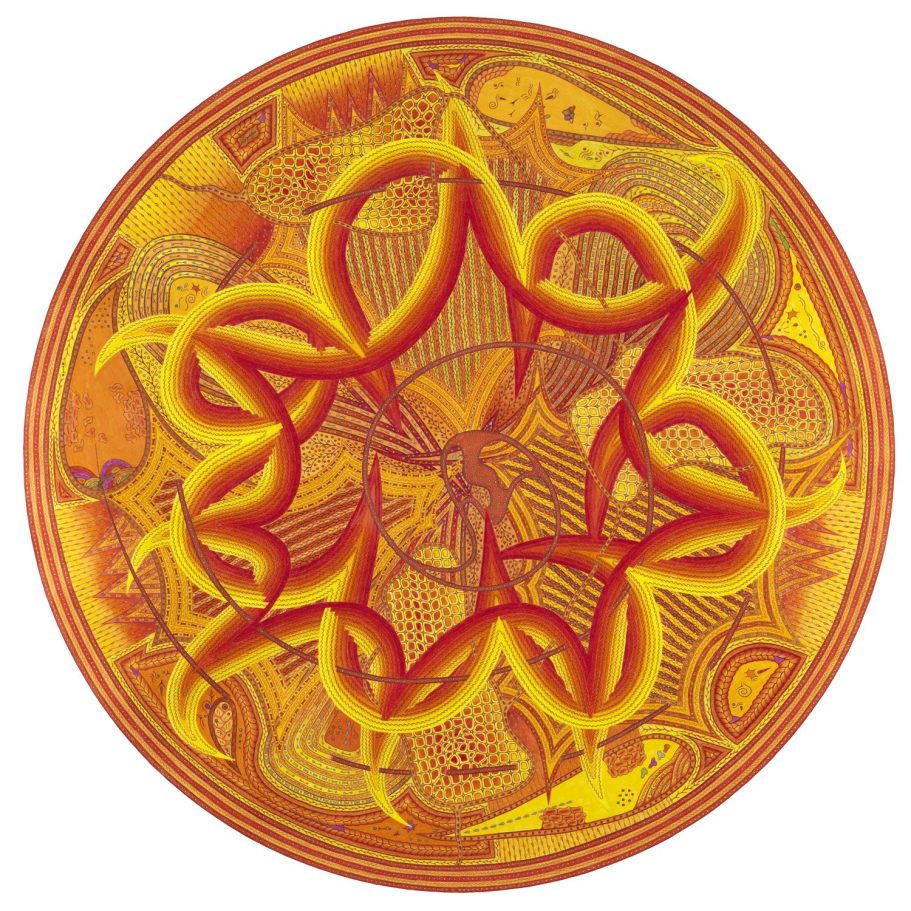 Mitternachtssonne Kreisförmiges, orange-rotes Design mit geschwungenen Linien und abstrakten Mustern.