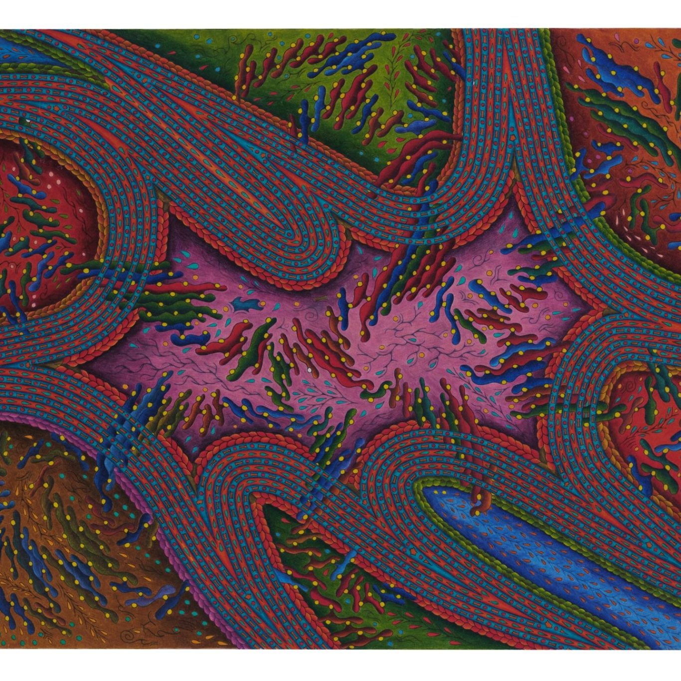 Hvide Sande - 20218 - Christian Pessing Abstrakte Darstellung von sich kreuzenden und geschwungenen Linien in lebhaften Farben.