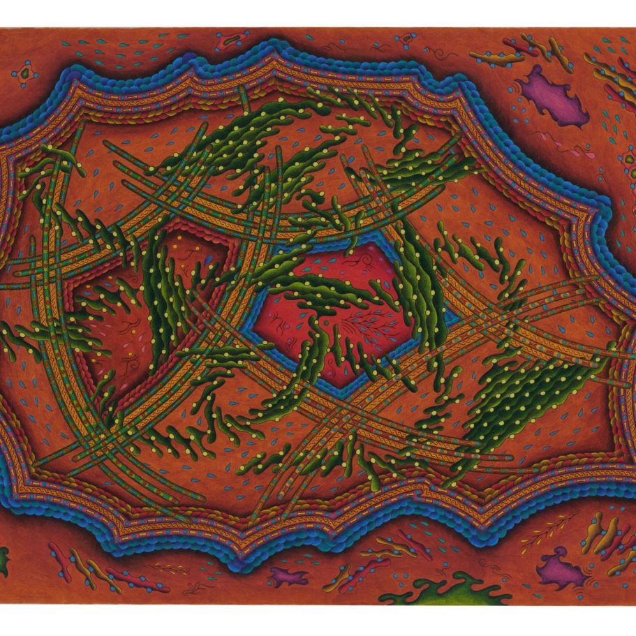 Pawpetschtaula Abstrakte Darstellung mit lebendigen Farben und geschwungenen Formen, die sich überlagern.